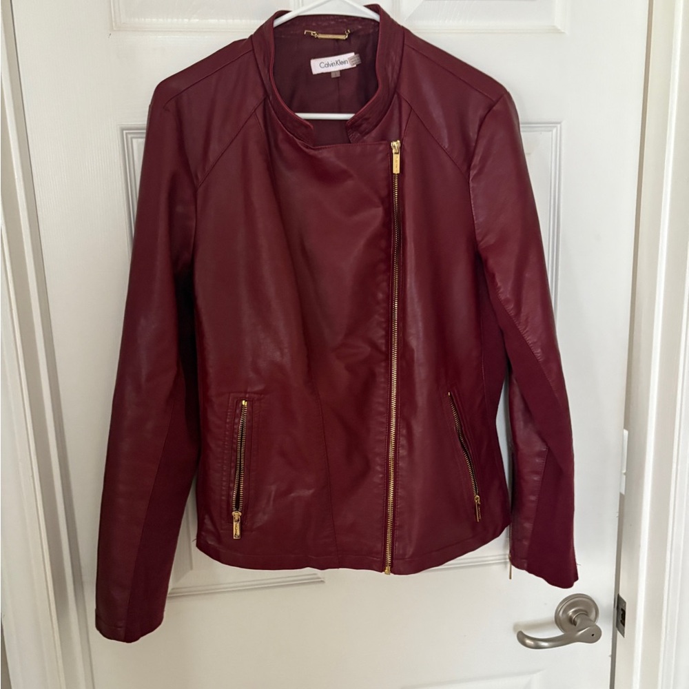 Calvin Klein Red Leather Jacket Asymmetrical Moto Style